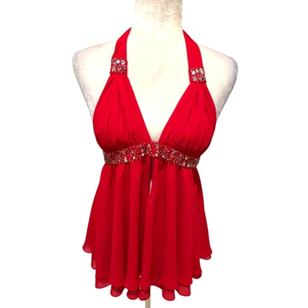 Victoria's Secret Y2K Vintage Babydoll Top Womens Large Halter Bling Chiffon Gem